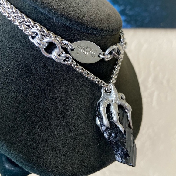 Black raw natural tourmaline gemstone electroplated charm steel boho necklace . - Picture 11 of 12